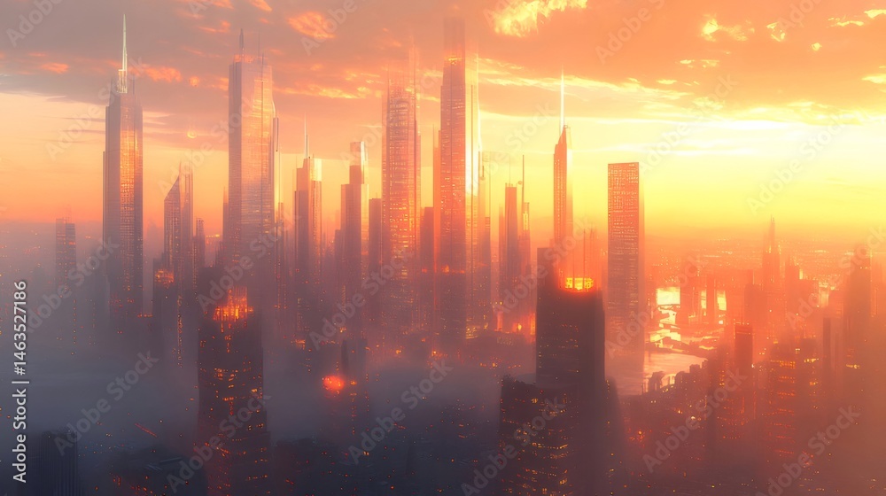 Aufkleber オレンジ色の夕焼け空に照らされた高層ビルのスカイラインの壮大な都市景観 モダンな建築物が光と影のシルエットを作り出す