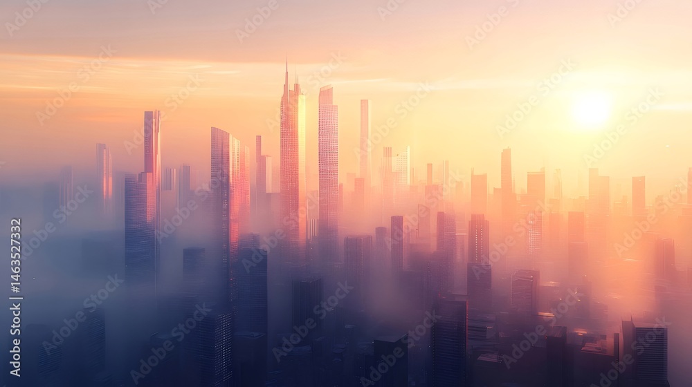 Aufkleber 太陽光が差し込む霧に包まれた高層ビル群の都市景観 パノラマのスカイラインと現代的な建築が特徴的なオレンジとピンクの夕焼け