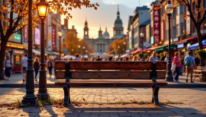 imagine capturing a serene moment in a bustling cityscape through an art piece, picture a weathered wooden bench that has stood the test of time
