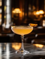 Elegant cocktail served in coupe glass on marble table in upscale bar close up shot delicious drink