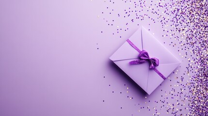 Elegant purple envelope with ribbon and confetti festive holiday design