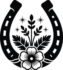 Floral Horseshoe Silhouette, Horseshoe cutting file, Horseshoe with Beautiful Flower. Horseshoe with flowers hand drawn vector Illustration.