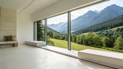 Fototapeta premium Modern minimalist room with large windows offers a stunning panoramic view of green hills, forests, and distant mountains.