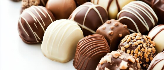 Close-up of Assorted Chocolate Truffles on White Background, Delicious Gourmet Candy, Studio Shot, Sweet Treat Indulgence, High Angle View