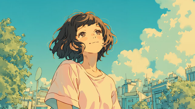 公園で空を見上げる女の子