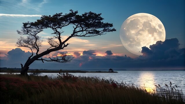Stylized Tree and Double Moon Reflection