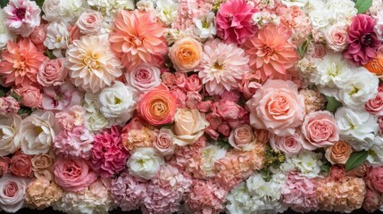 Lush Floral Wall of Peach, Pink, and White Blooms