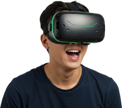 Young Asian Man Experiencing Immersive Virtual Reality Headset Technology