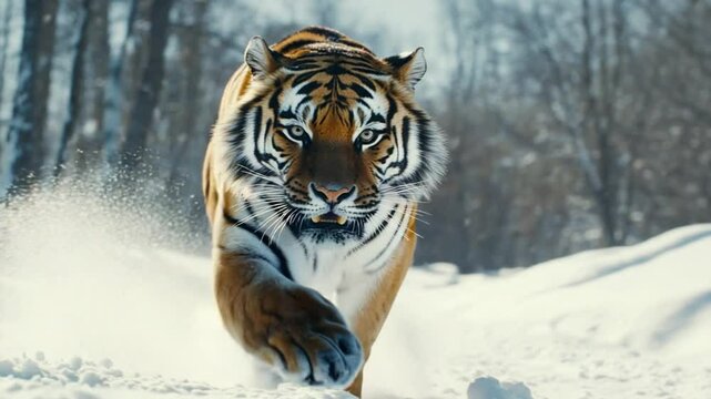 Majestic Siberian Tiger Running Through Snowy Winter Landscape in Stunning Detail