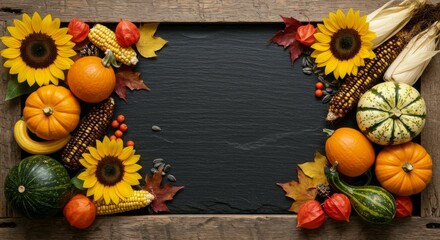 Autumn Harvest Display with Pumpkins, Corn and Sunflowers