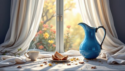 in this art prompt, imagine a mesmerizing still life tableau that captivates the viewers imagination, picture a blue pitcher, its slender form reminiscent of a slumbering siren