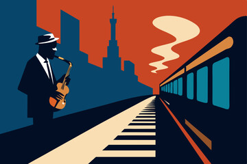 Obraz premium steam rising from subway grates as a jazz player 