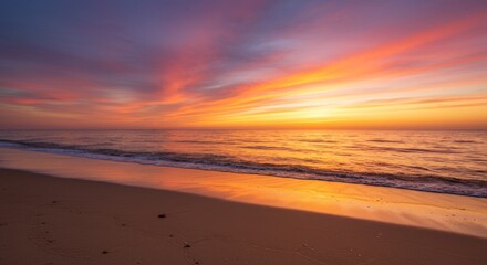 Obraz premium Vibrant Orange Sunset Over a Calm Ocean Beach