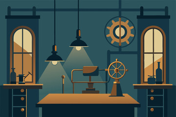 steampunk office with brass gears  pipes 