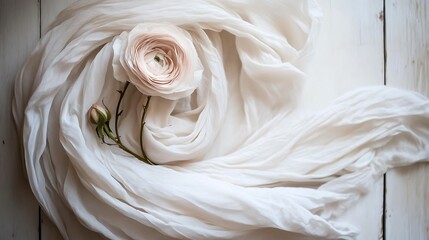 Delicate ranunculus blossom with bud on flowing white fabric for wedding theme