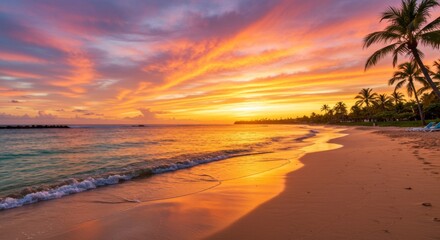 Vibrant Tropical Sunset Over a Calm Ocean Beach