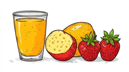 Fresh Fruit Smoothie with Mango and Strawberries in a Glass