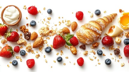 Delicious and Healthy Breakfast Ingredients with Berries, Granola, Croissant, and Yogurt