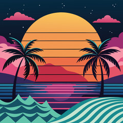 Obraz premium Tropical palm tree on a sandy beach with ocean waves under a summer sky, perfect for a vacation travel illustration
