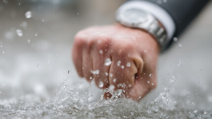 Fototapeta premium Forceful Impact: A close-up shot captures the raw power of a fist colliding with water, creating an explosion of droplets and showcasing determination.