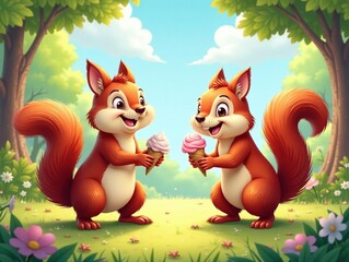 Fototapeta premium Playful cartoon squirrels near oversized ice cream cones in sunny whimsical park, whimsical, park