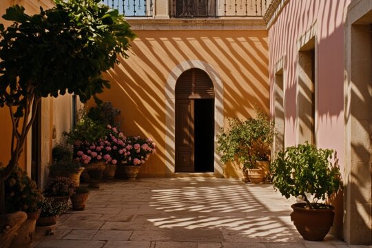 Sunny Courtyard With Plants And Stone Paved Area