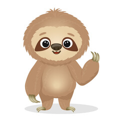 Cartoon funny standing sloth. Vector illustration isolated on white background. Hand drawn