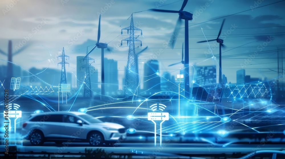 Aufkleber 未来的な電気自動車と風力タービンのデジタルネットワークが都市の背景にある空撮図