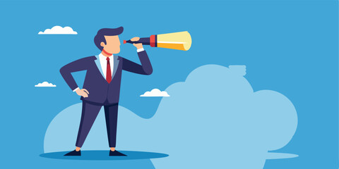 Businessman using a telescope to look into the future, planning and strategy concept