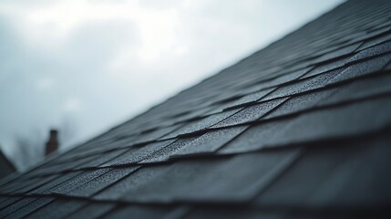 Close-up of a shingled roof under cloudy sky