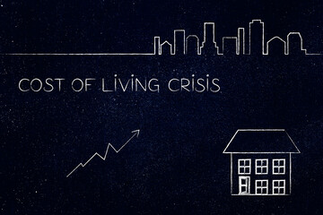 Cost of Living Inflation Rising , City Skyline Upward Arrow Residential House, blackboard illustration
