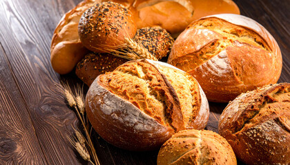 bread and wheat on wooden table