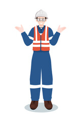 Industrial worker or engineer in safety vest and hard hat with open hands and shrugging. Vector illustration isolated on white background.