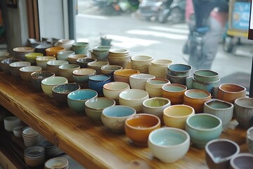 Variety of colorful ceramic bowls displayed on wooden shelves