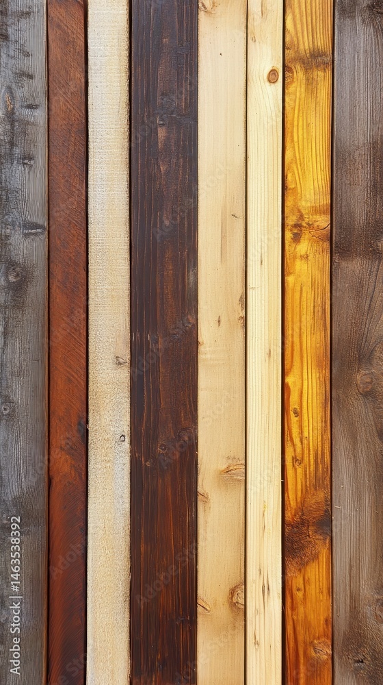 Poster Close up vertical shot of stained and varnished wood planks creating a colorful and rustic background texture