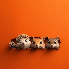 Curious woodland creatures peeking from orange border
