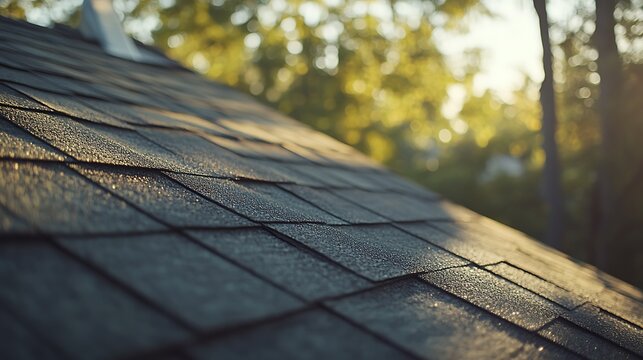 Close-up of a shingled roof with sunlight filtering through trees