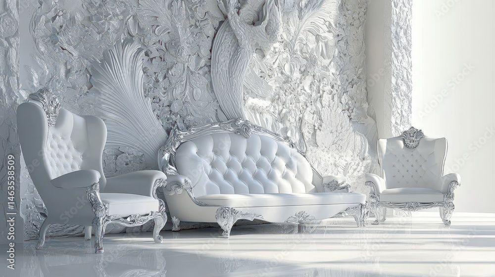 Poster ornate white furniture set in bright studio setting with textured background and clean lines interio