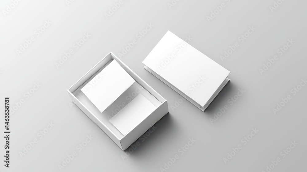 Poster minimalist mockup featuring white business cards and box on gray background high angle studio shot f