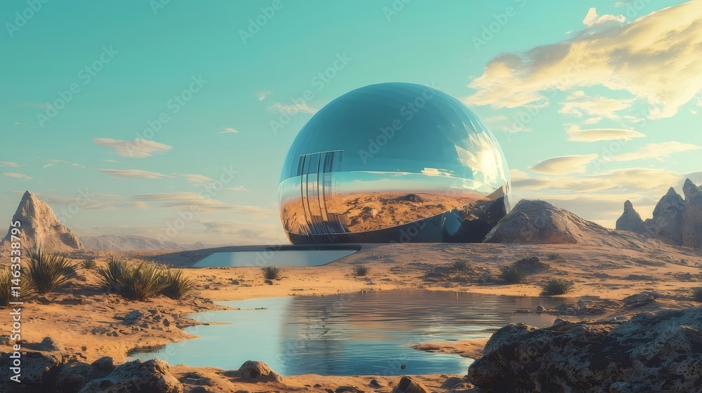 Poster 砂漠のオアシスに立つ反射する球体のデジタルアートワーク 青い空と岩だらけの地形が特徴