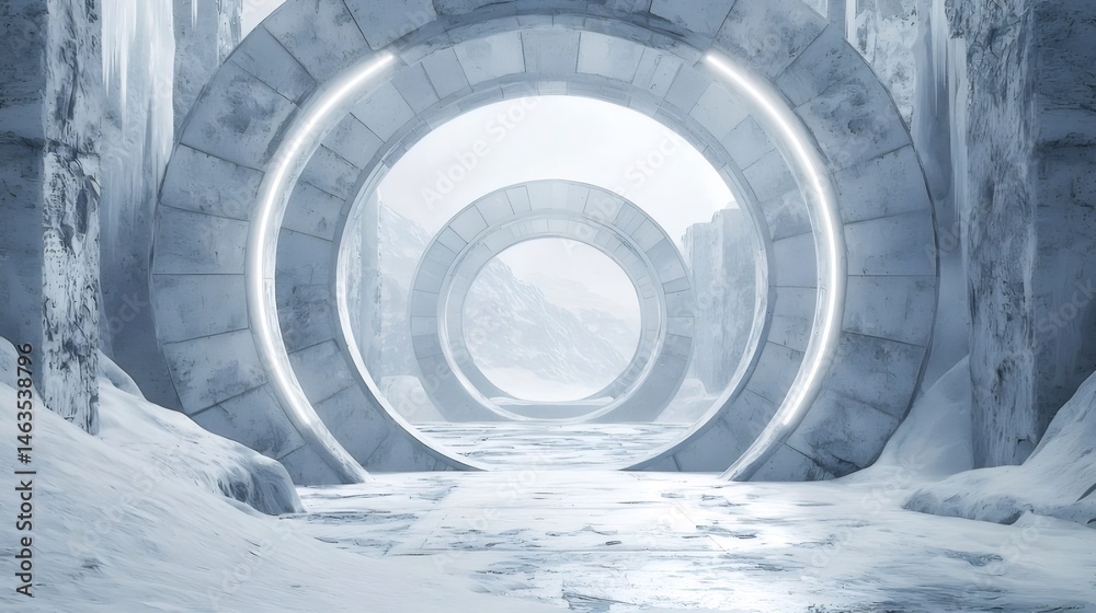 Aufkleber 氷のアーチ構造と雪山の風景 未来的な白い背景の青い光 冷たい幾何学的な通路
