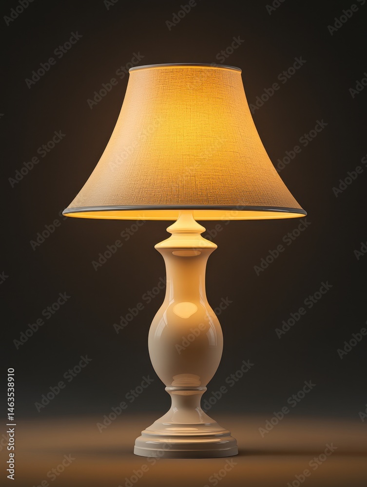 Poster elegant table lamp glowing warmly in a dark room, front view, studio shot, illuminating the space wi