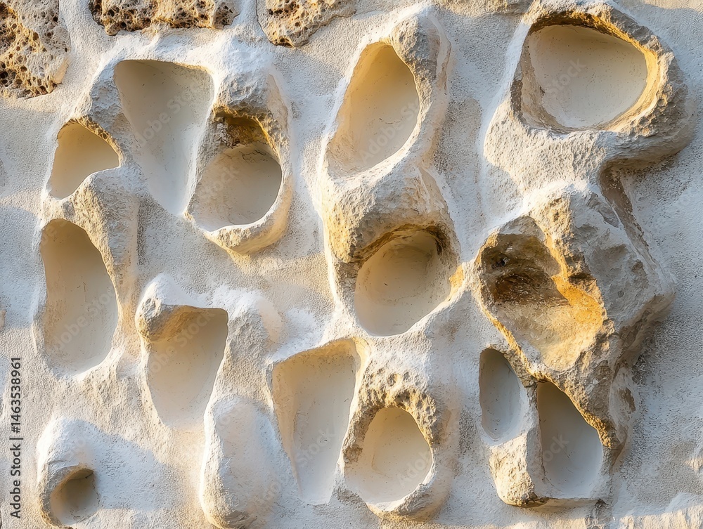 Poster abstract stone wall with hollows in warm light close up architectural detail texture background