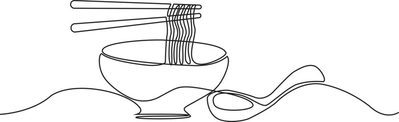 Continuous one line of bowl, noodles with chopsticks and soup spoon isolated on white background, vector illustration.
