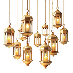 Obraz premium Cascading golden lantern isolated on transparent background.