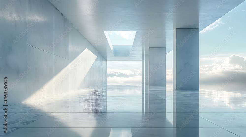 Aufkleber ミニマリストコンクリート建築のインテリア通路は、明るい空と水の反射が特徴です