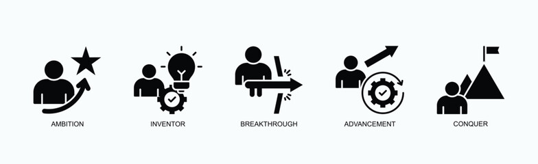 Fototapeta premium Innovation Drive Icon Set Isolated Vector With Icon Of Ambition, Inventor, Breakthrough, Advancement, Conquer In Glyph Style