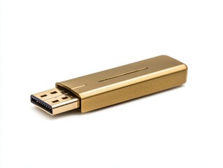 Golden USB drive on white background close up studio shot for data storage and transfer device technology concept
