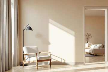 Minimalist armchair and floor lamp in sunlit interior with soft beige tones and wooden floor, peaceful scene with light background. Ai generative