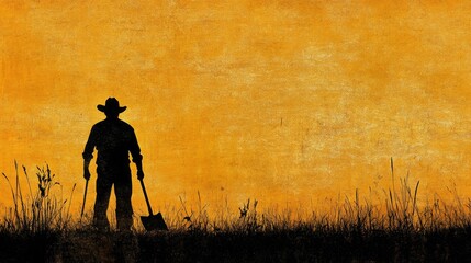 Silhouette of farmer, shovel, sunset, tall grass.